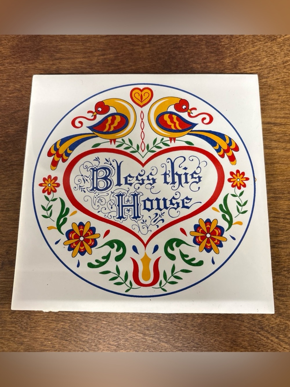 Bless This House Decorative Tile Decor - Folk Art Heart Design